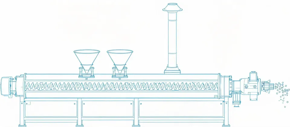 Illustration of a twin-screw extrusion bay used as a discussion sketch, not a mapped storefront